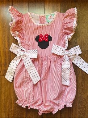 The Smocked Flamingo Red & White Striped Minnie Bow Bubble Romper Size 2T